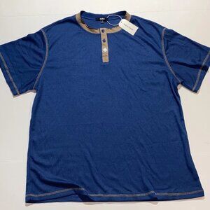 Ouko Mens 2xl Shirt Henley Waffle Pattern Blue Brown New With Tags